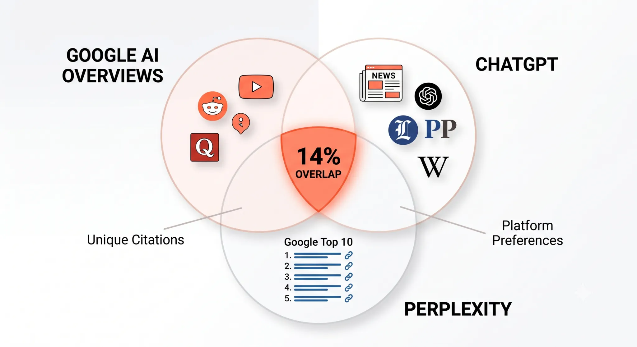Venn diagram of the sources cited by Google AI Overviews, ChatGPT and Perplexity, which overlap by only 14%. AI Overviews favours Reddit, YouTube and Quora, ChatGPT favours news sites and Wikipedia, and Perplexity follows Google’s top 10.