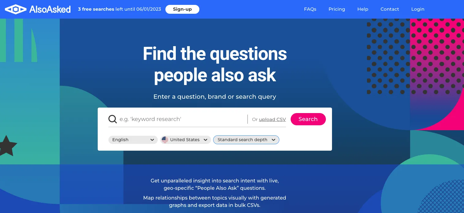 AlsoAsked homepage with a search box to find the “People also ask” questions for a query, by language and country.