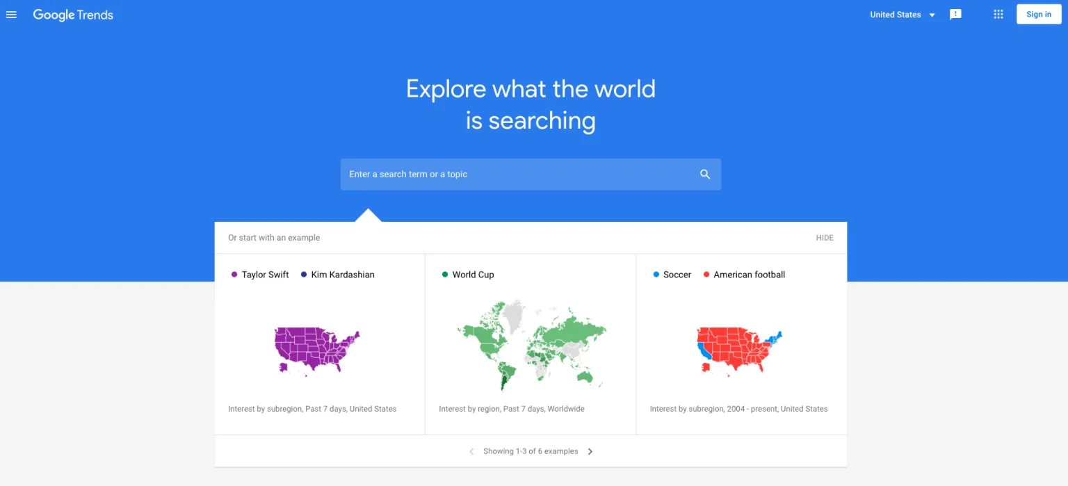 Google Trends homepage with a search box and example comparisons shown as interest maps, such as World Cup searches worldwide.