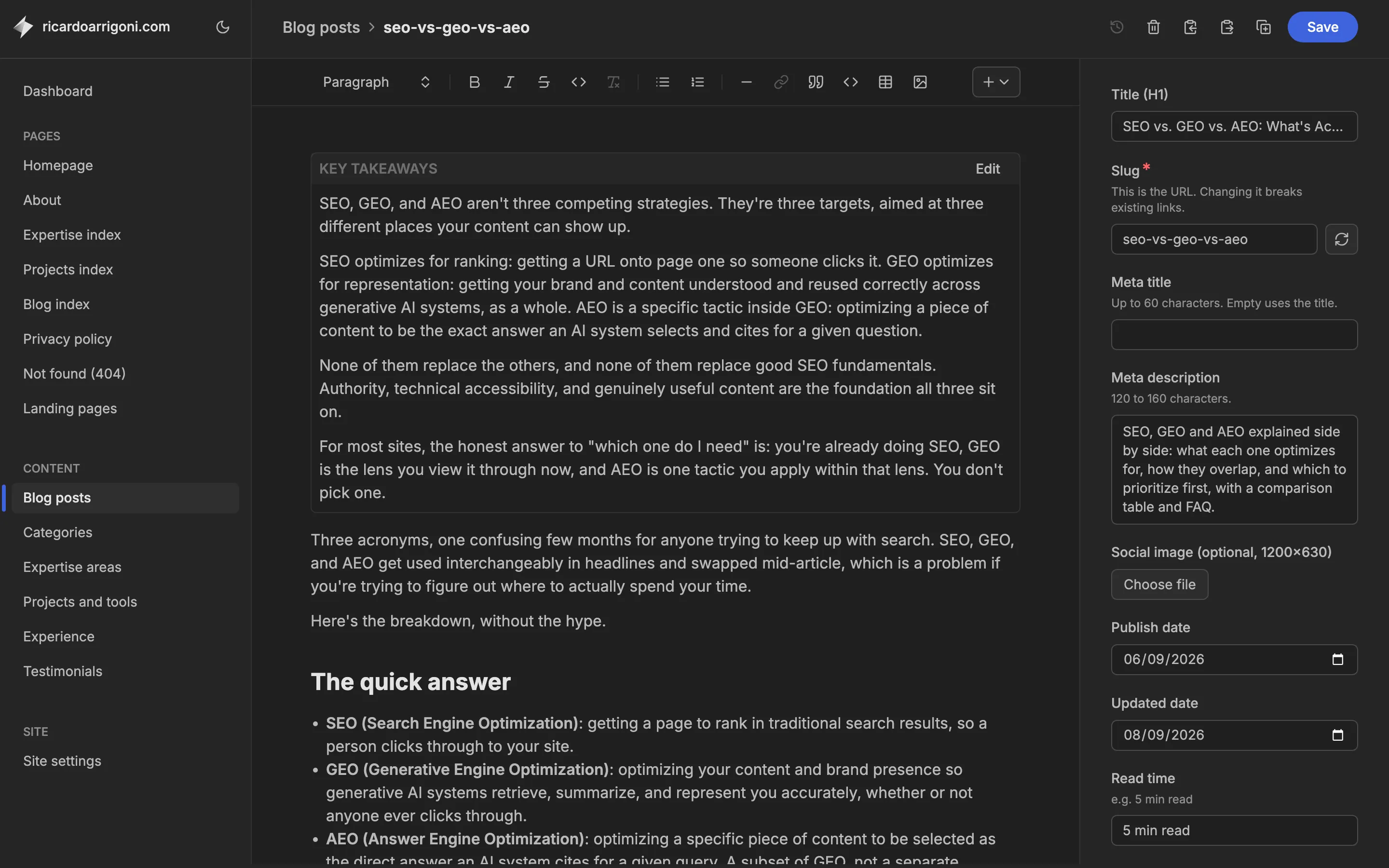 Keystatic editing the post SEO vs. GEO vs. AEO: a sidebar with pages and content collections, the post body with a Key takeaways block, and fields for title, slug, meta description and dates.