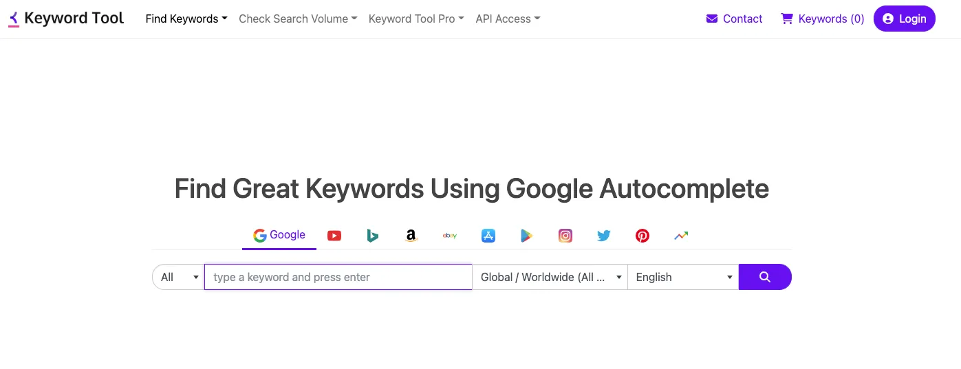 Keyword Tool homepage with a search box that finds keywords from Google Autocomplete, and tabs for YouTube, Bing, Amazon and other platforms.