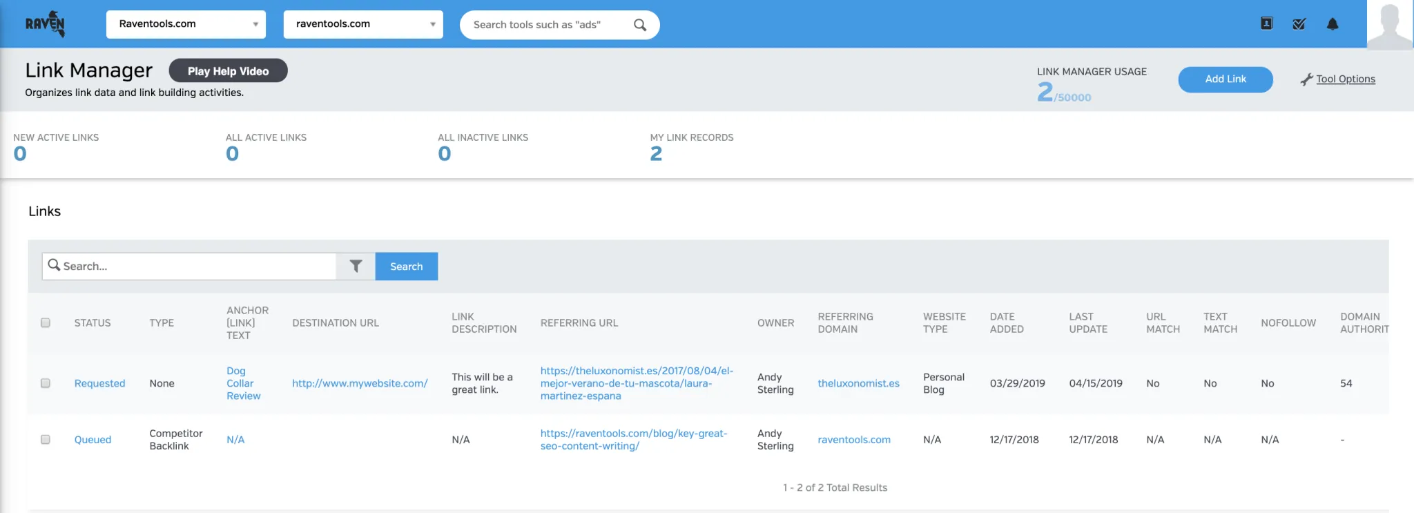 Raven Tools Link Manager listing link records with status, anchor text, referring URL and domain authority.