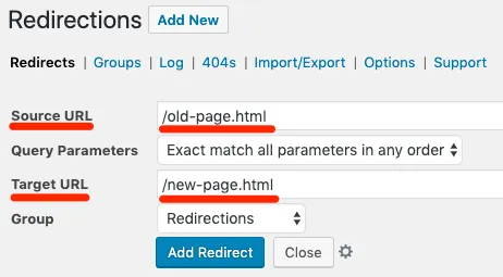 Redirections plugin in WordPress, with Source URL /old-page.html and Target URL /new-page.html filled in, ready to add the redirect.