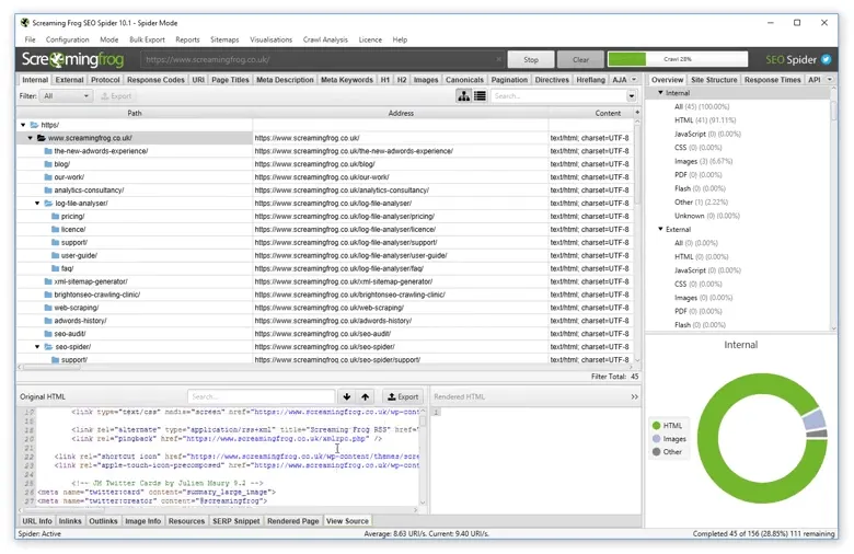 Screaming Frog SEO Spider crawling screamingfrog.co.uk, with the site’s URLs in a folder tree, the page source below and a breakdown of internal resources by type.