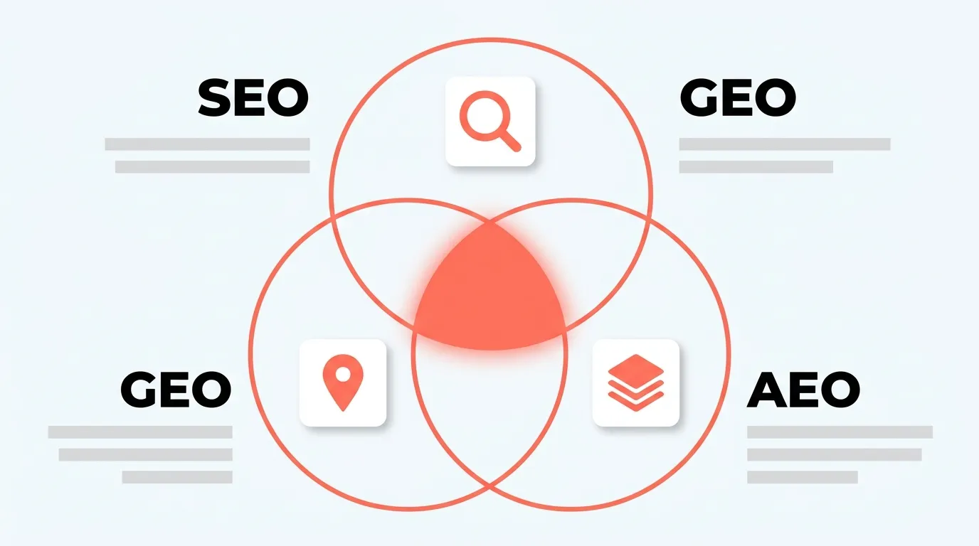 A three-circle Venn diagram showing SEO, GEO, and AEO overlapping around one shared, glowing core of technical and content fundamentals.