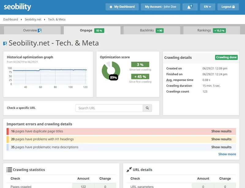 Seobility on-page dashboard with an 89% optimization score, crawling details and important errors such as duplicate page titles and H1 problems.