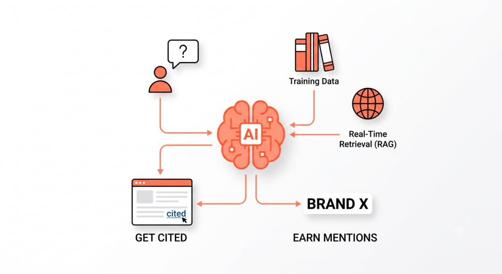 AEO brain process flow showing how AI synthesizes training data and RAG retrieval into cited answers.
