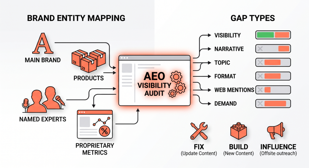An audit engine mapping branded entities into segmented gap types for AEO analysis.