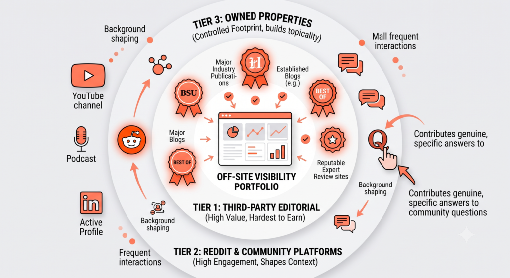 A three-tier graphic of off-site targets: editorial, community (Reddit/Quora), and owned properties.