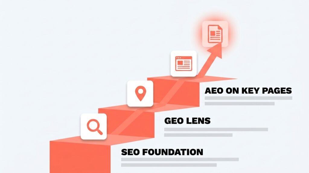 A three-step staircase diagram showing SEO as the foundation, GEO as a lens on top of it, and AEO applied to specific key pages.