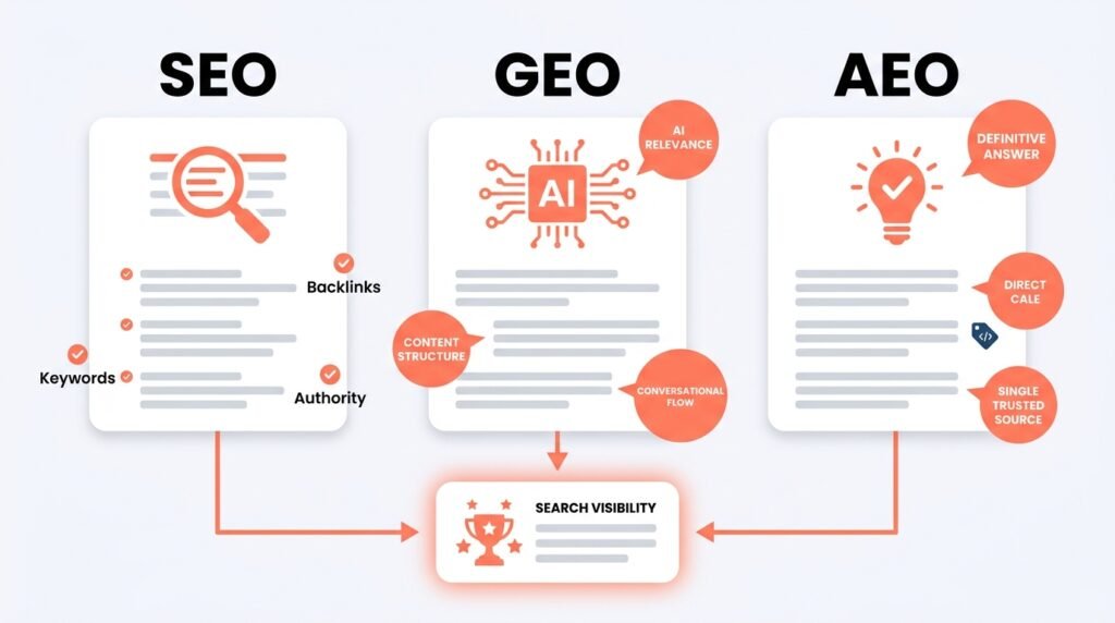 An infographic comparing three types of search optimization: SEO, GEO, and AEO. The SEO section details ranking criteria like keywords, user intent, links, and speed. The GEO (Generative Engine Optimization) section describes diverse AI outputs such as summaries, entity mentions, and citations. The AEO (Answer Engine Optimization) section shows a checkmarked question mark for direct citations and answer boxes, stating that an AI model selects a single definitive answer. Curved arrows show the relationship and overlap between these modern search strategies.