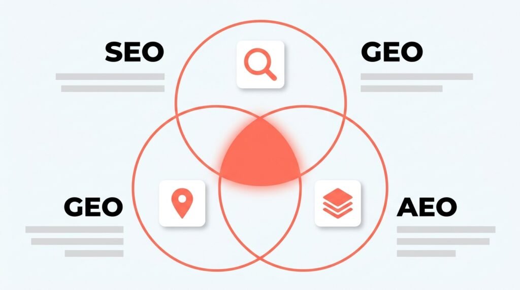 A three-circle Venn diagram showing SEO, GEO, and AEO overlapping around one shared, glowing core of technical and content fundamentals.